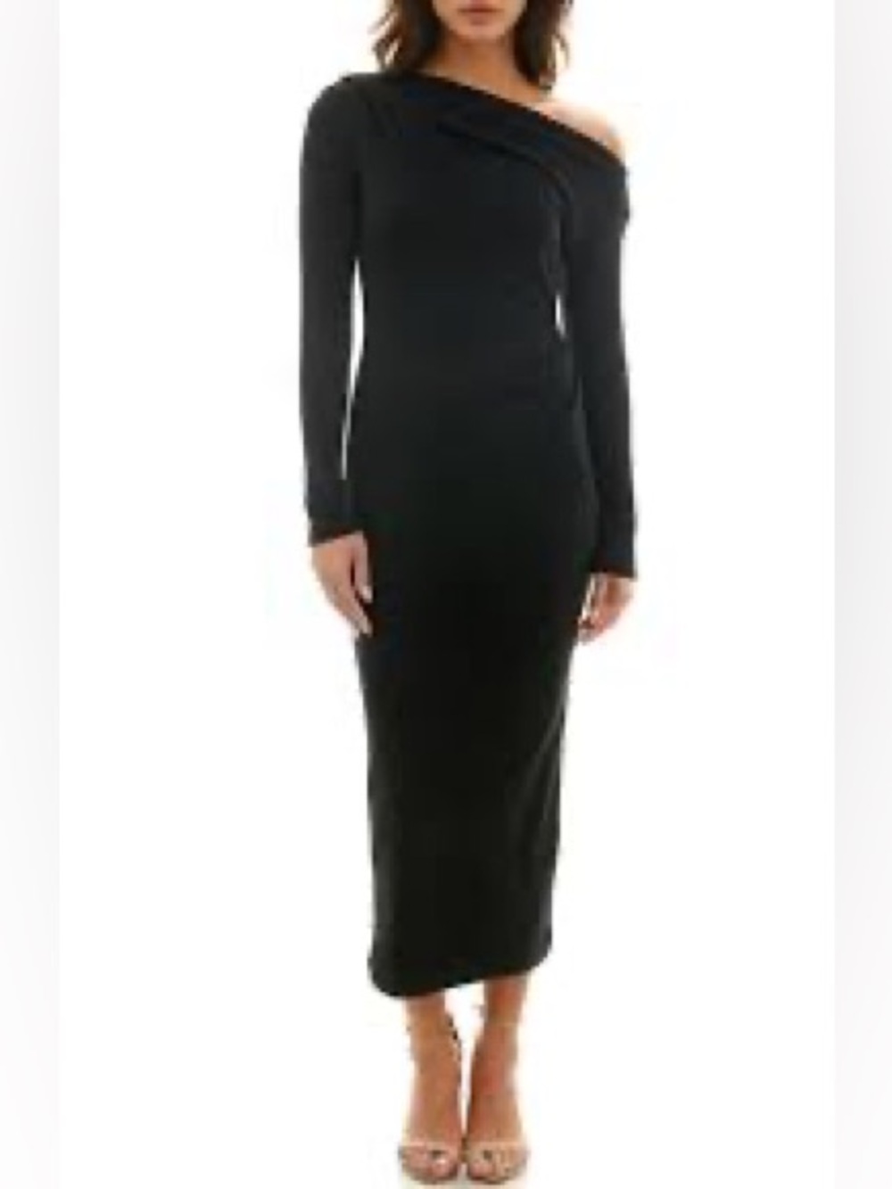 Socialite Black One Shoulder Ribbed Maxi Dress | Long Sleeve Bodycon Size M